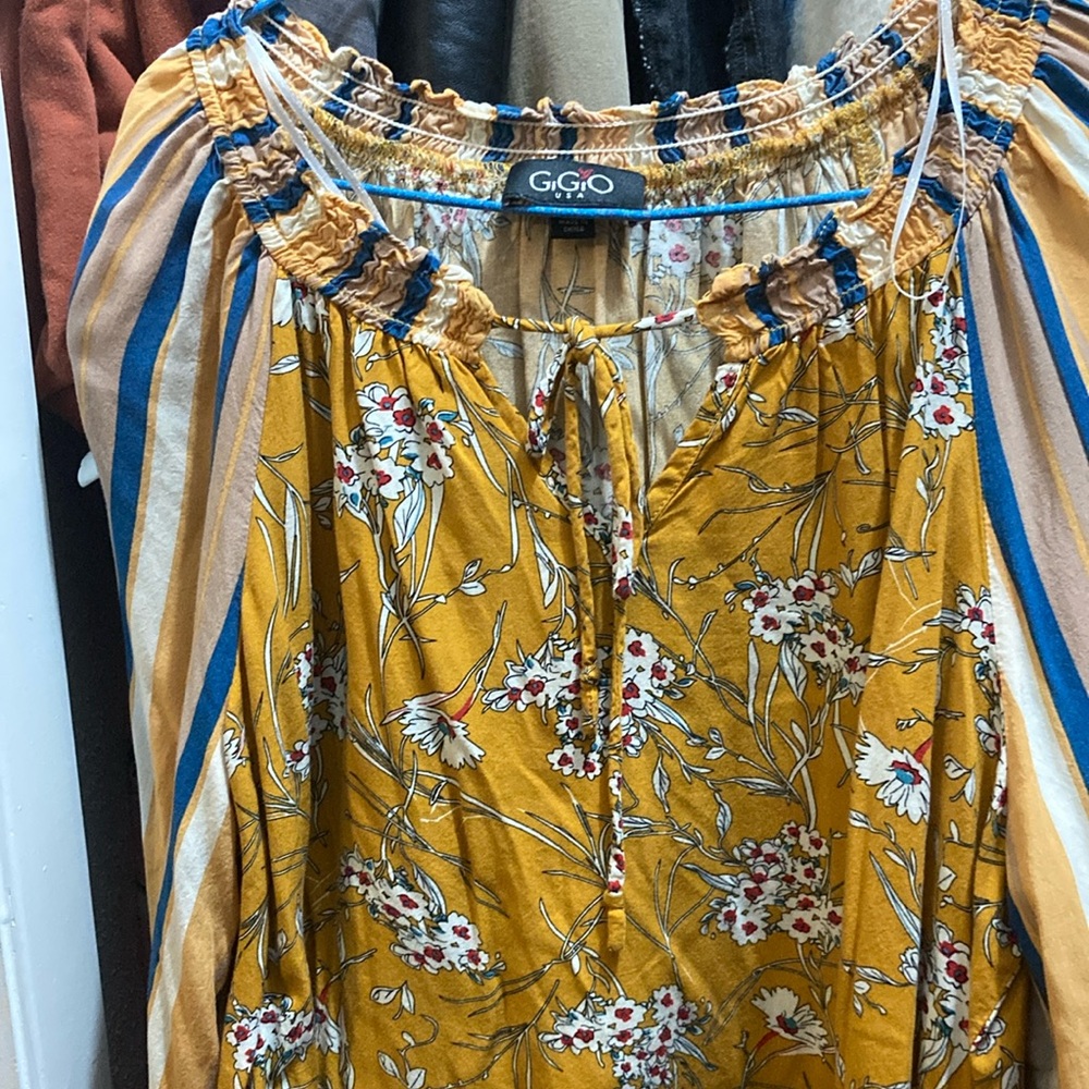 Yellow and Blue Smocked Blouse with Tie Front 3/4 Sleeves